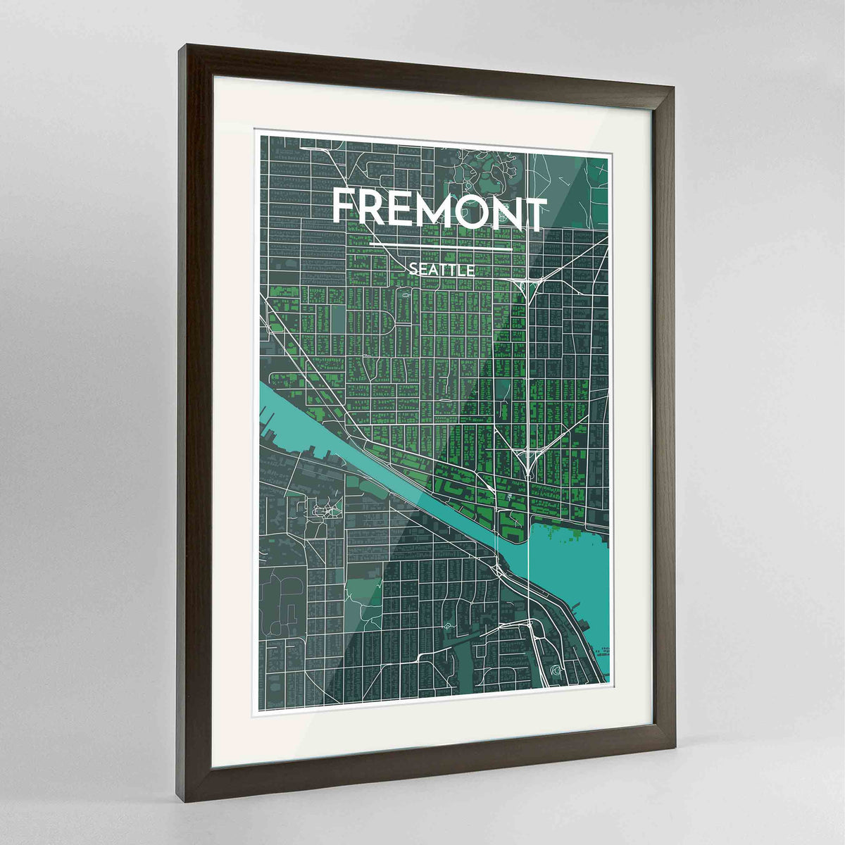 Framed Fremont Seattle Map Art Print 24x36&quot; Contemporary Walnut frame Point Two Design Group