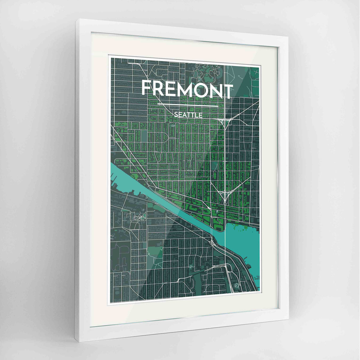 Framed Fremont Seattle Map Art Print 24x36&quot; Contemporary White frame Point Two Design Group