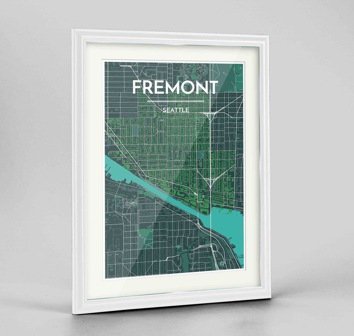 Framed Fremont Seattle Map Art Print 24x36&quot; Traditional White frame Point Two Design Group