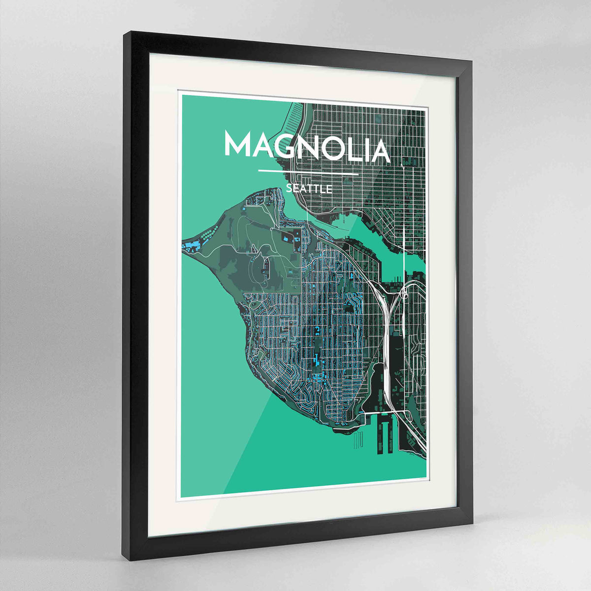 Framed Seattle Magnolia Neighbourhood Map Art Print 24x36&quot; Contemporary Black frame Point Two Design Group