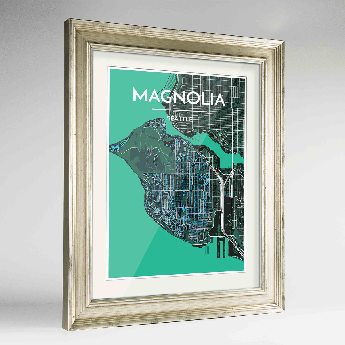 Framed Seattle Magnolia Neighbourhood Map Art Print 24x36&quot; Champagne frame Point Two Design Group