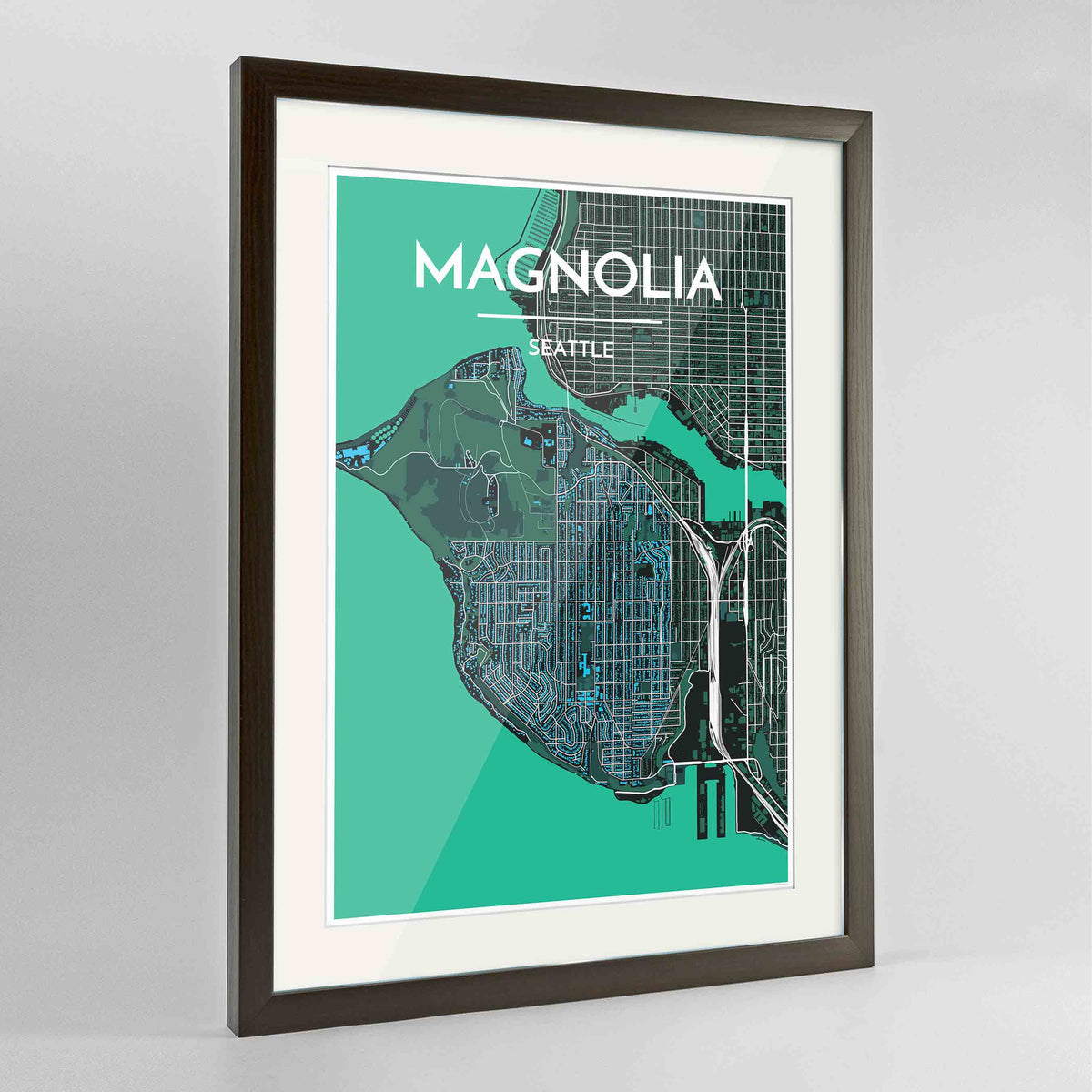 Framed Seattle Magnolia Neighbourhood Map Art Print 24x36&quot; Contemporary Walnut frame Point Two Design Group