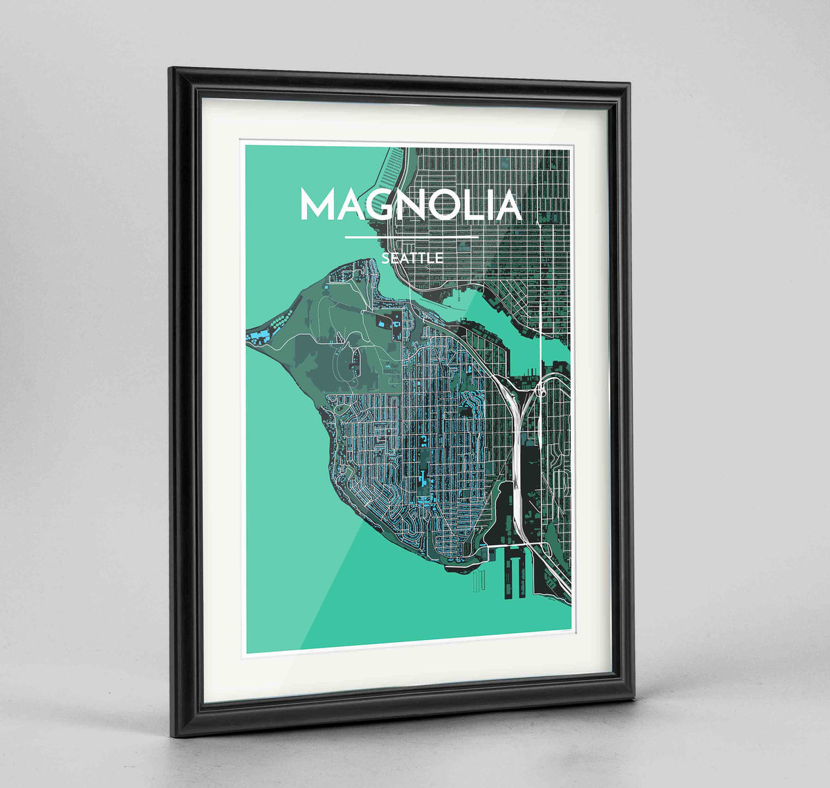 Framed Seattle Magnolia Neighbourhood Map Art Print 24x36&quot; Traditional Black frame Point Two Design Group