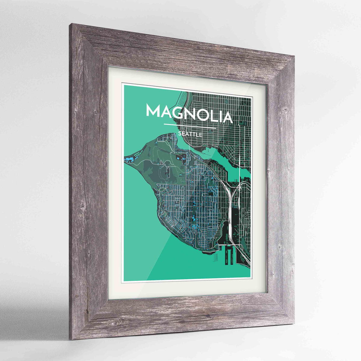 Framed Seattle Magnolia Neighbourhood Map Art Print 24x36&quot; Western Grey frame Point Two Design Group