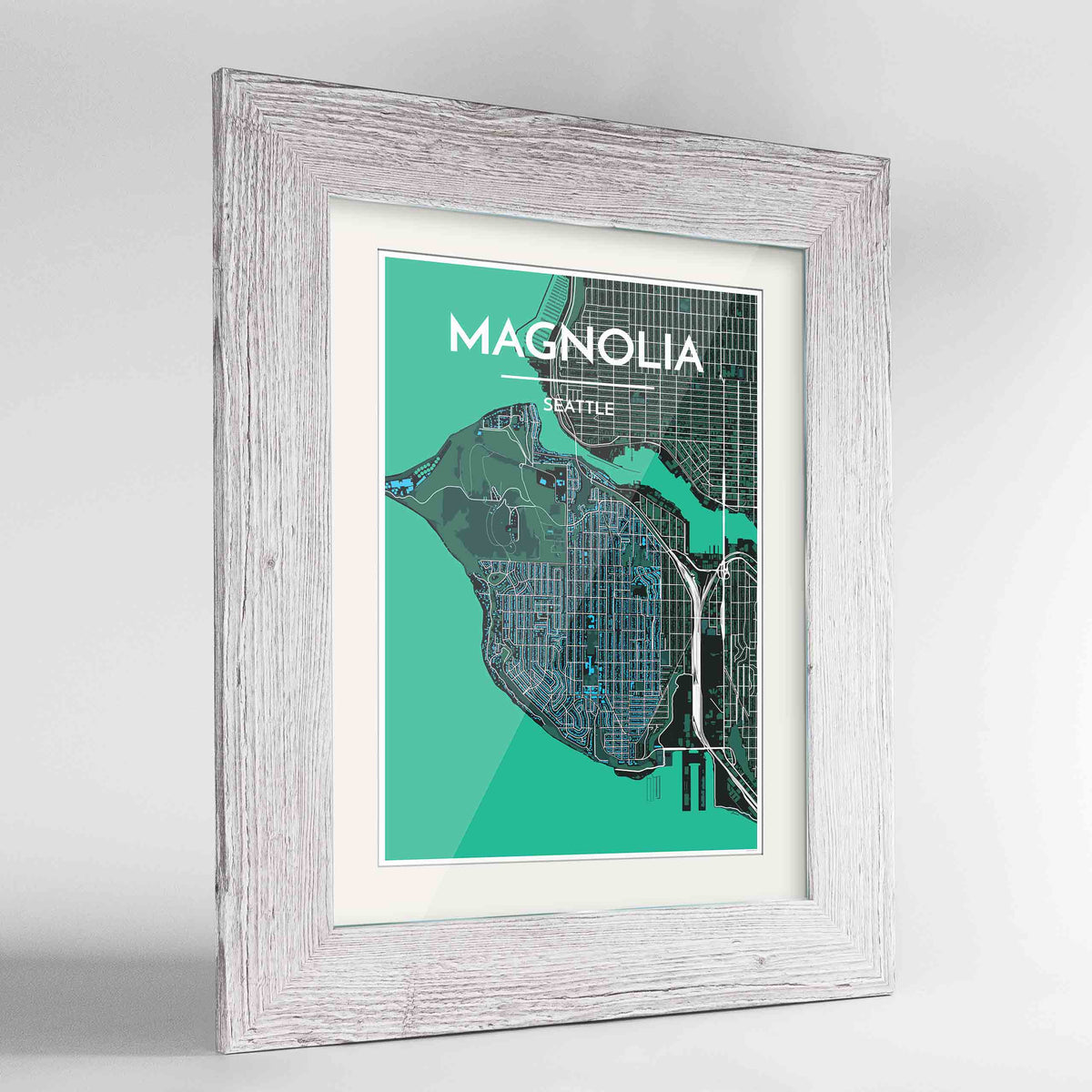 Framed Seattle Magnolia Neighbourhood Map Art Print 24x36&quot; Western White frame Point Two Design Group