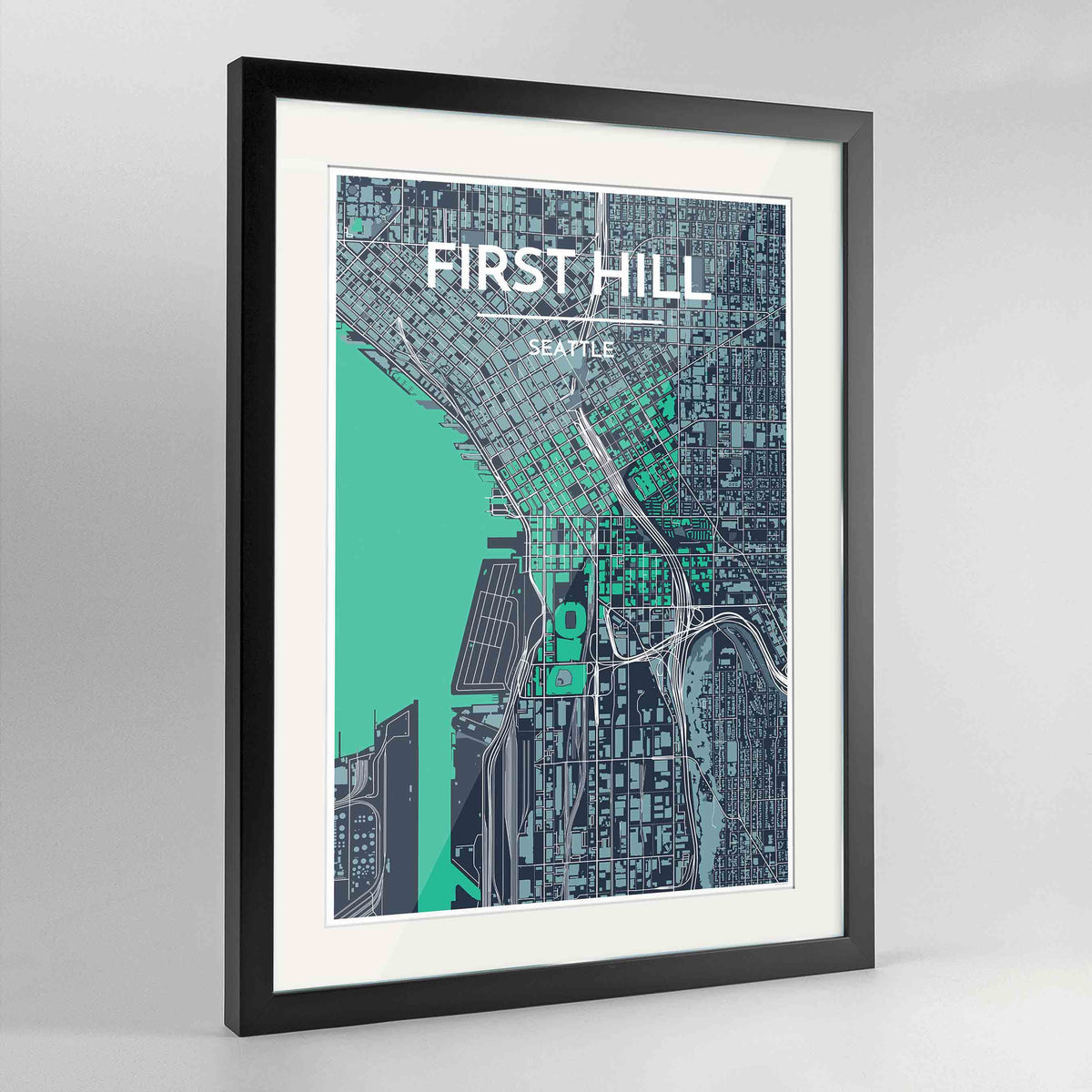 Framed Seattle First Hill Neighbourhood Map Art Print 24x36&quot; Contemporary Black frame Point Two Design Group