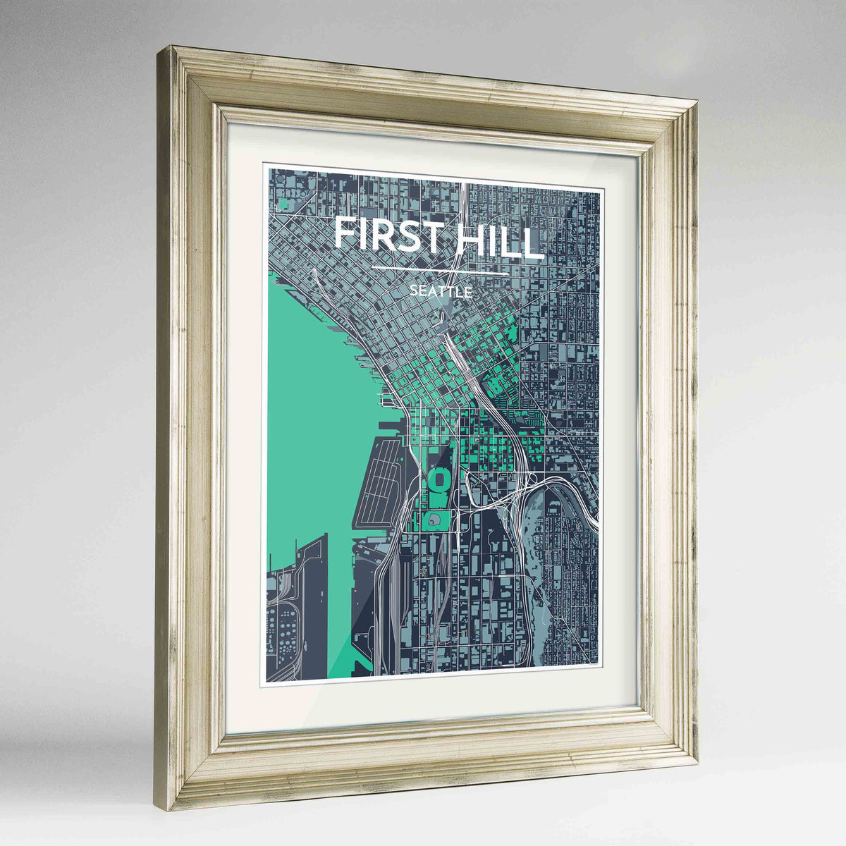 Framed Seattle First Hill Neighbourhood Map Art Print 24x36&quot; Champagne frame Point Two Design Group