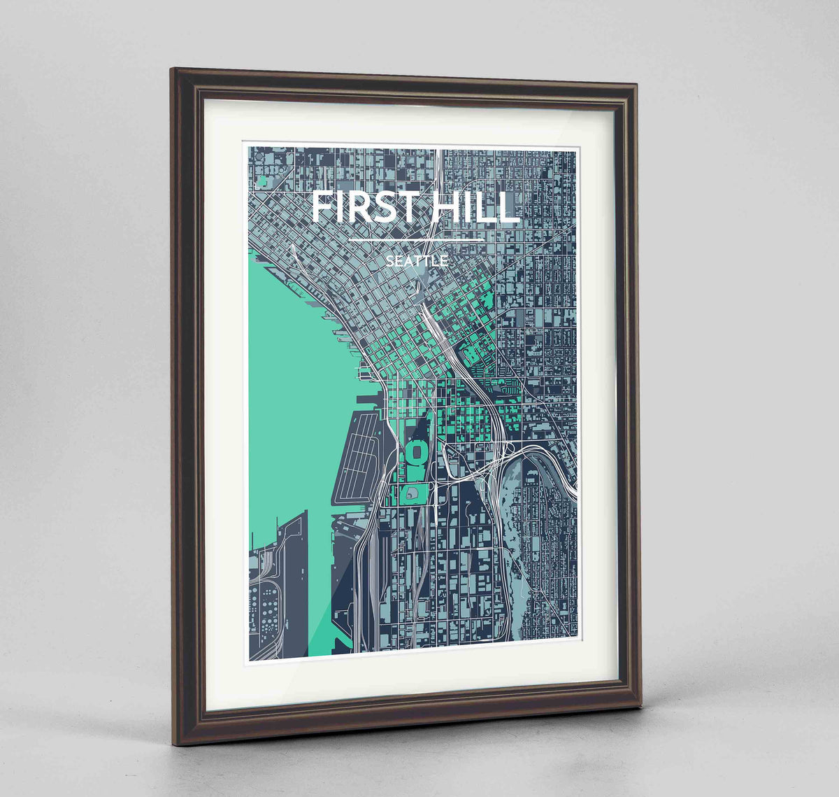 Framed Seattle First Hill Neighbourhood Map Art Print 24x36&quot; Traditional Walnut frame Point Two Design Group