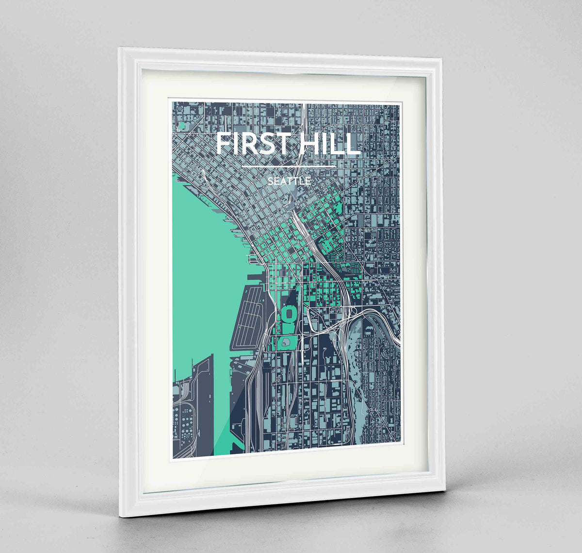 Framed Seattle First Hill Neighbourhood Map Art Print 24x36&quot; Traditional White frame Point Two Design Group