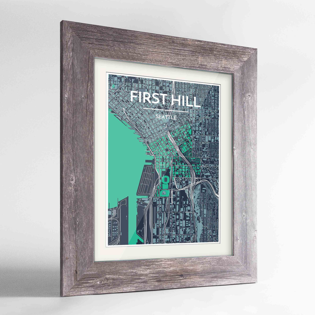 Framed Seattle First Hill Neighbourhood Map Art Print 24x36&quot; Western Grey frame Point Two Design Group