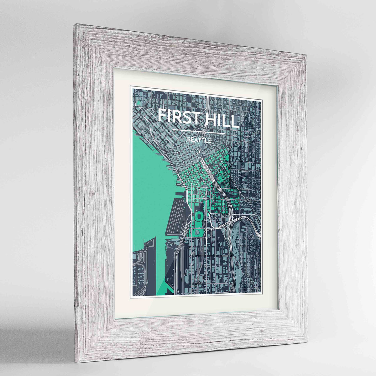 Framed Seattle First Hill Neighbourhood Map Art Print 24x36&quot; Western White frame Point Two Design Group