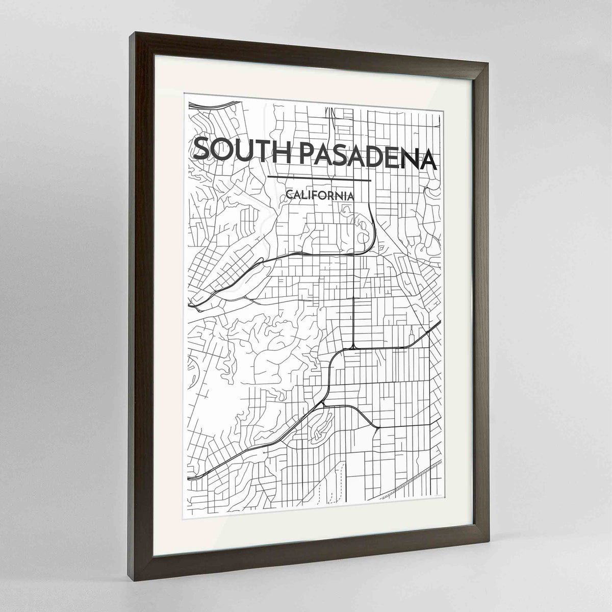 Framed South Pasadena Map Art Print 24x36&quot; Contemporary Walnut frame Point Two Design Group