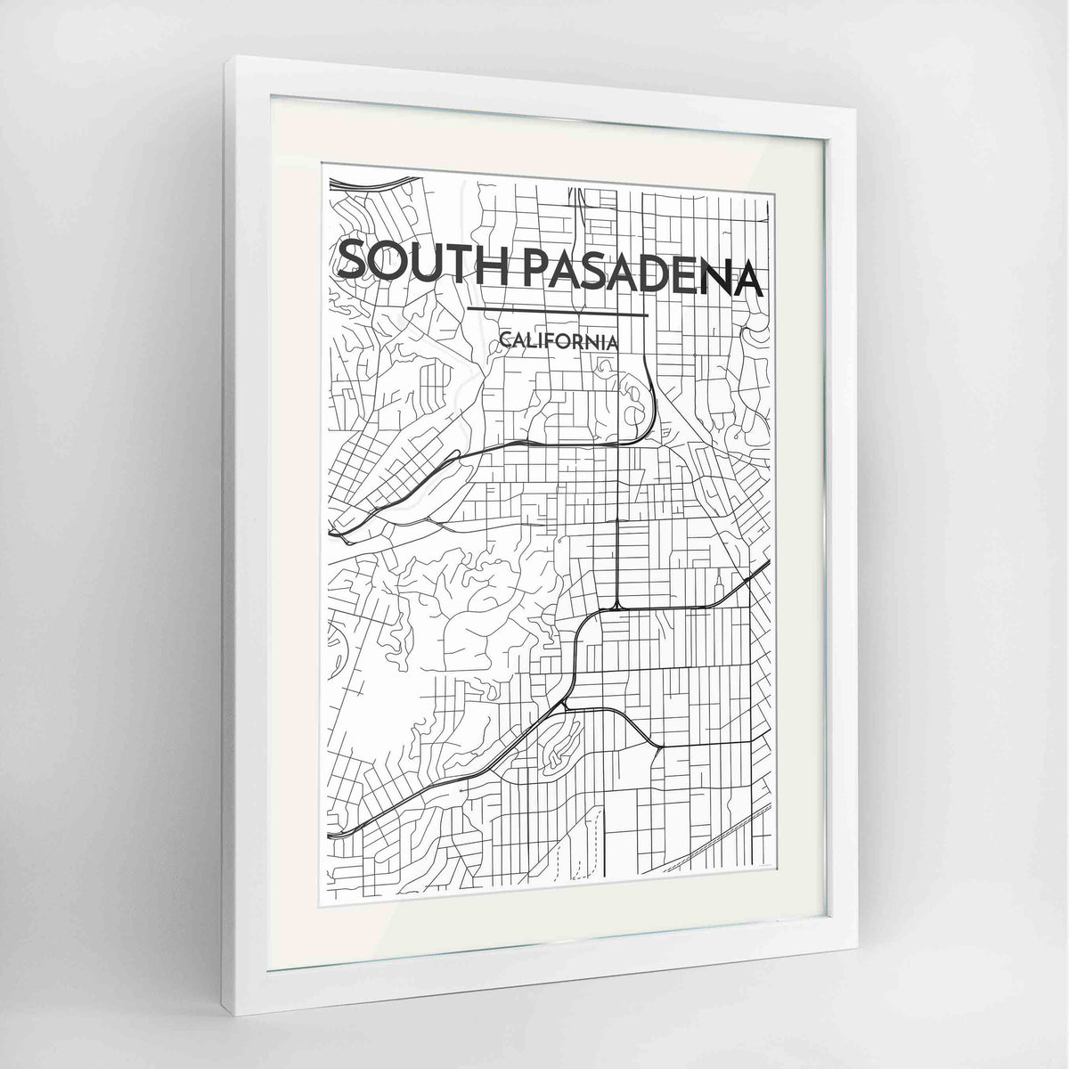 Framed South Pasadena Map Art Print 24x36&quot; Contemporary White frame Point Two Design Group