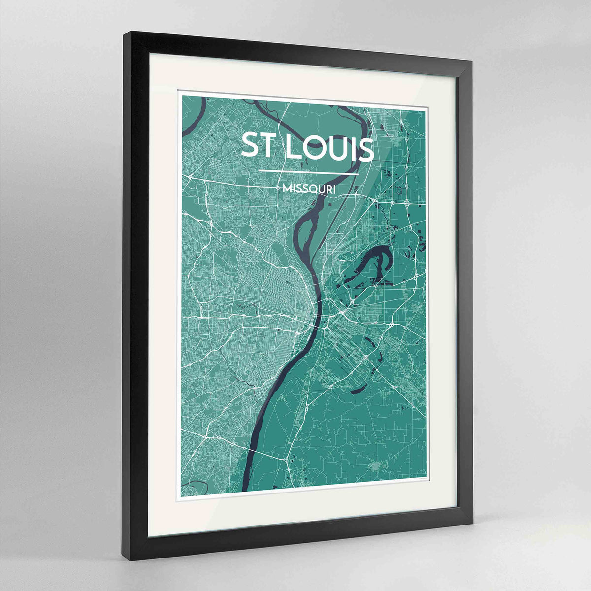 Framed St Louis Map Art Print 24x36&quot; Contemporary Black frame Point Two Design Group