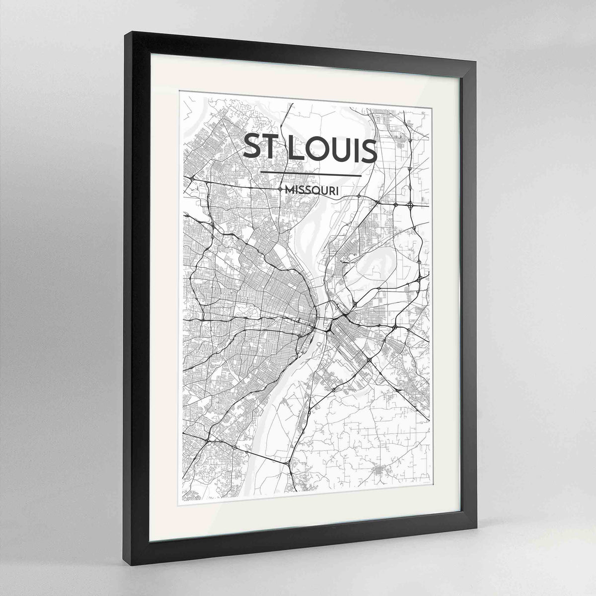 Framed St Louis Map Art Print 24x36&quot; Contemporary Black frame Point Two Design Group