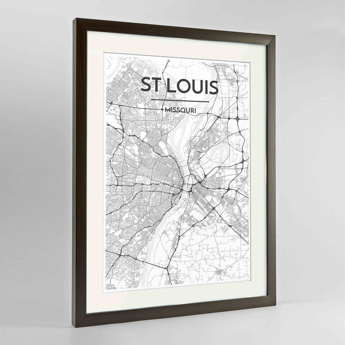 Framed St Louis Map Art Print 24x36&quot; Contemporary Walnut frame Point Two Design Group