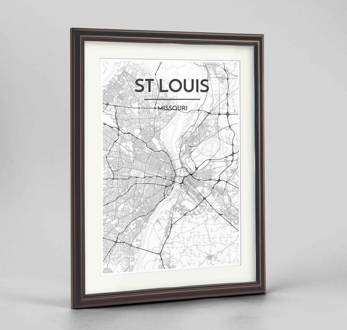 Framed St Louis Map Art Print 24x36&quot; Traditional Walnut frame Point Two Design Group