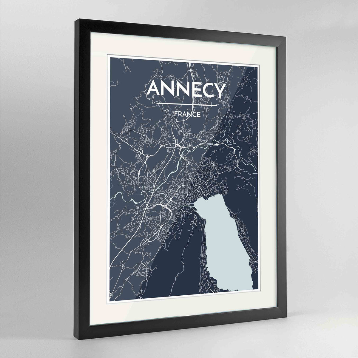 Framed Annecy Map Art Print 24x36&quot; Contemporary Black frame Point Two Design Group