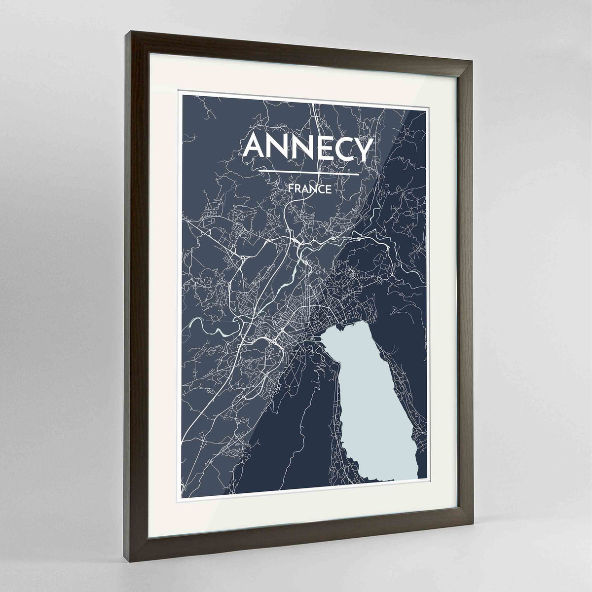 Framed Annecy Map Art Print 24x36&quot; Contemporary Walnut frame Point Two Design Group
