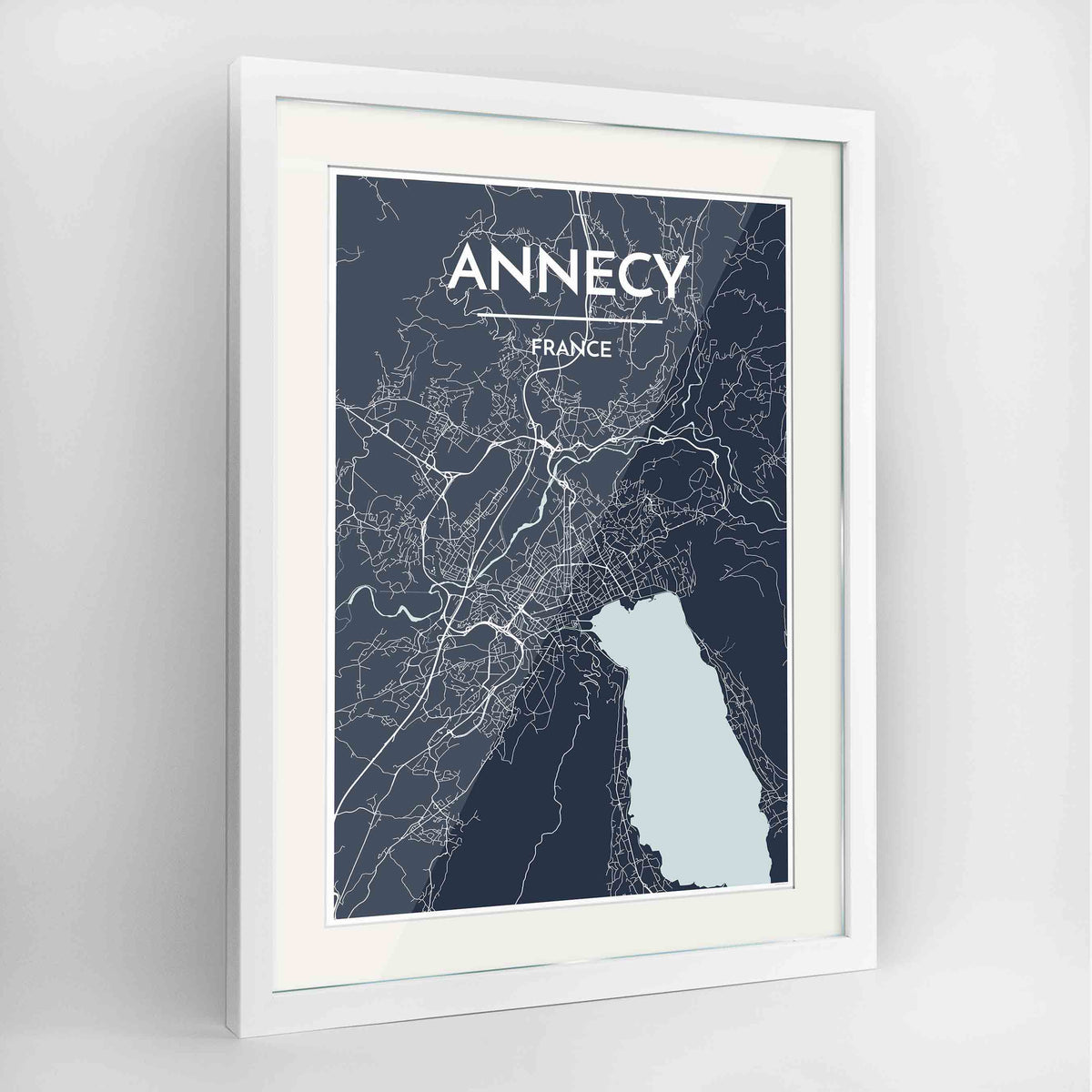 Framed Annecy Map Art Print 24x36&quot; Contemporary White frame Point Two Design Group