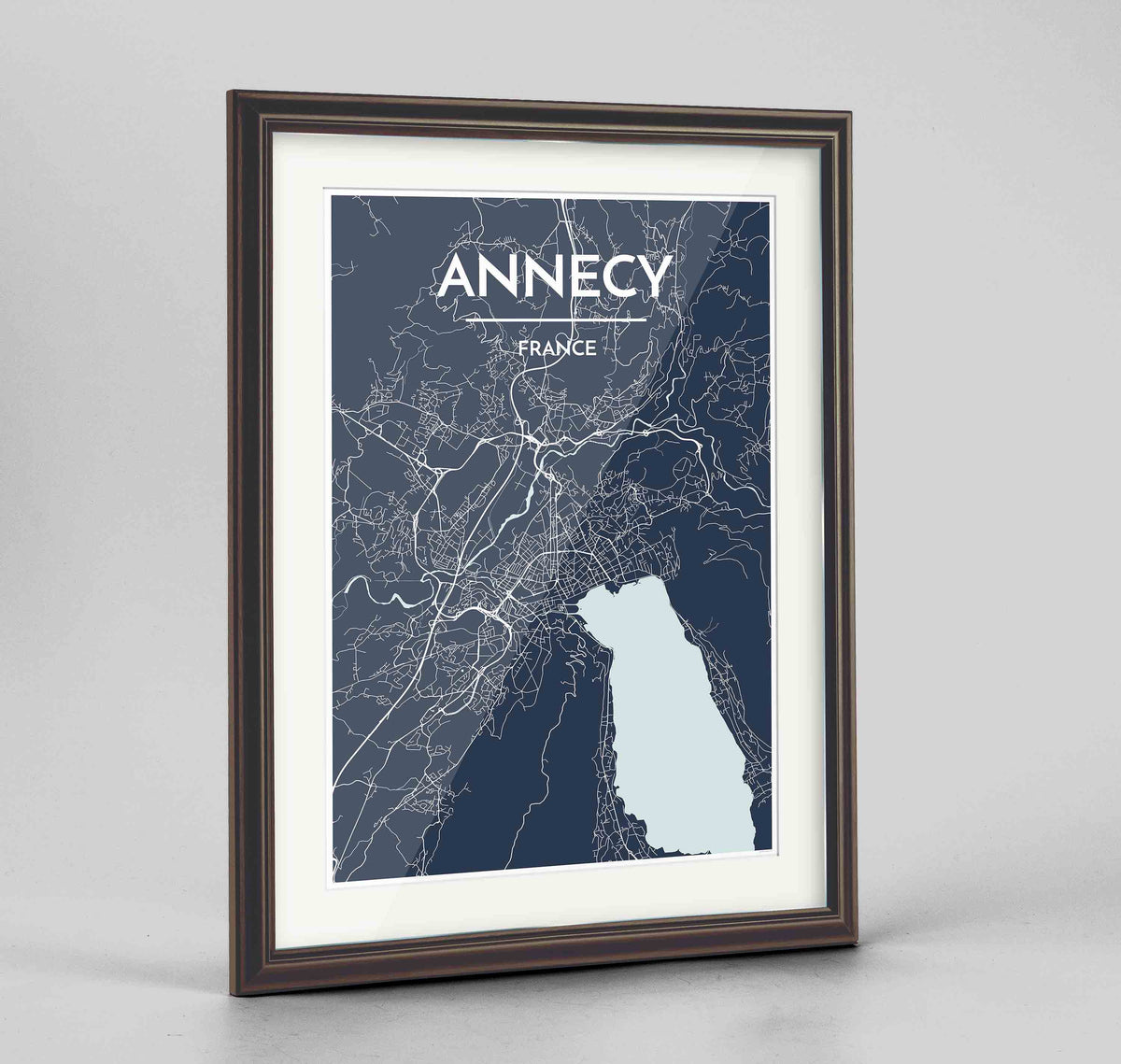 Framed Annecy Map Art Print 24x36&quot; Traditional Walnut frame Point Two Design Group