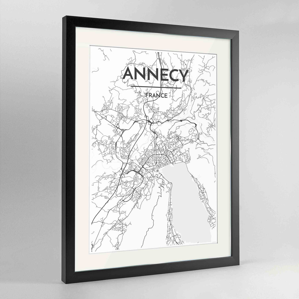 Framed Annecy Map Art Print 24x36&quot; Contemporary Black frame Point Two Design Group