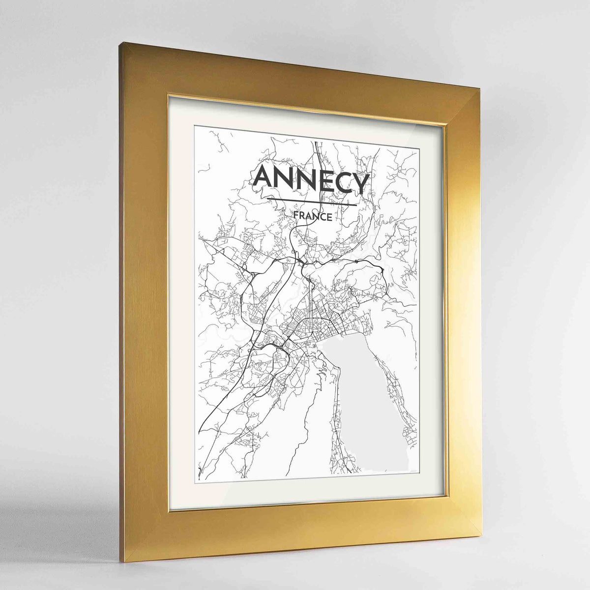 Framed Annecy Map Art Print 24x36&quot; Gold frame Point Two Design Group