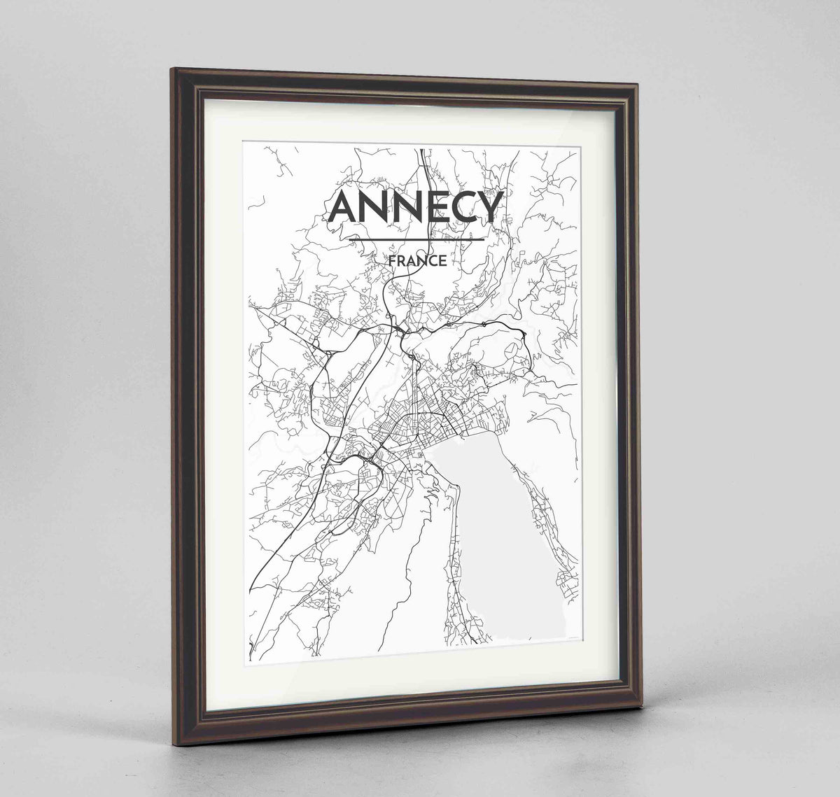 Framed Annecy Map Art Print 24x36&quot; Traditional Walnut frame Point Two Design Group