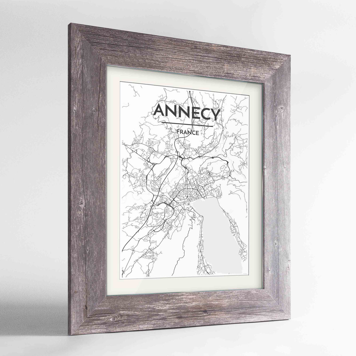 Framed Annecy Map Art Print 24x36&quot; Western Grey frame Point Two Design Group