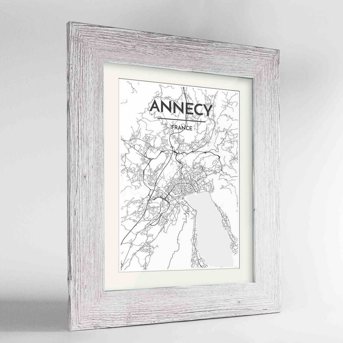 Framed Annecy Map Art Print 24x36&quot; Western White frame Point Two Design Group