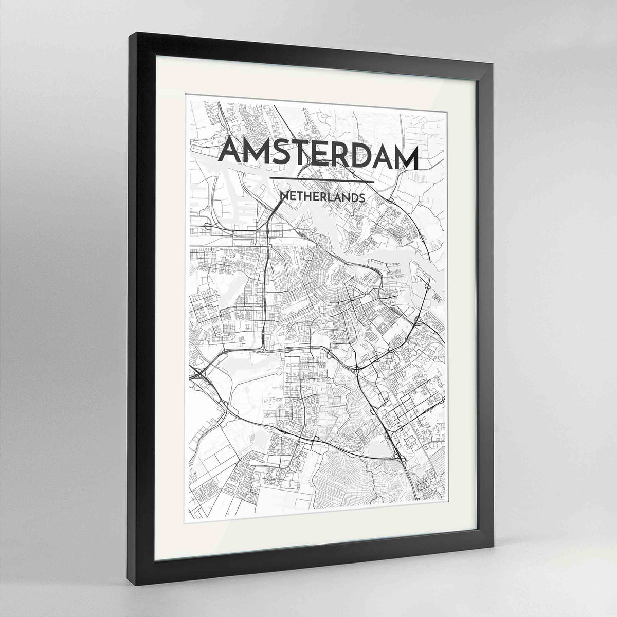 Framed Amsterdam Map Art Print 24x36&quot; Contemporary Black frame Point Two Design Group