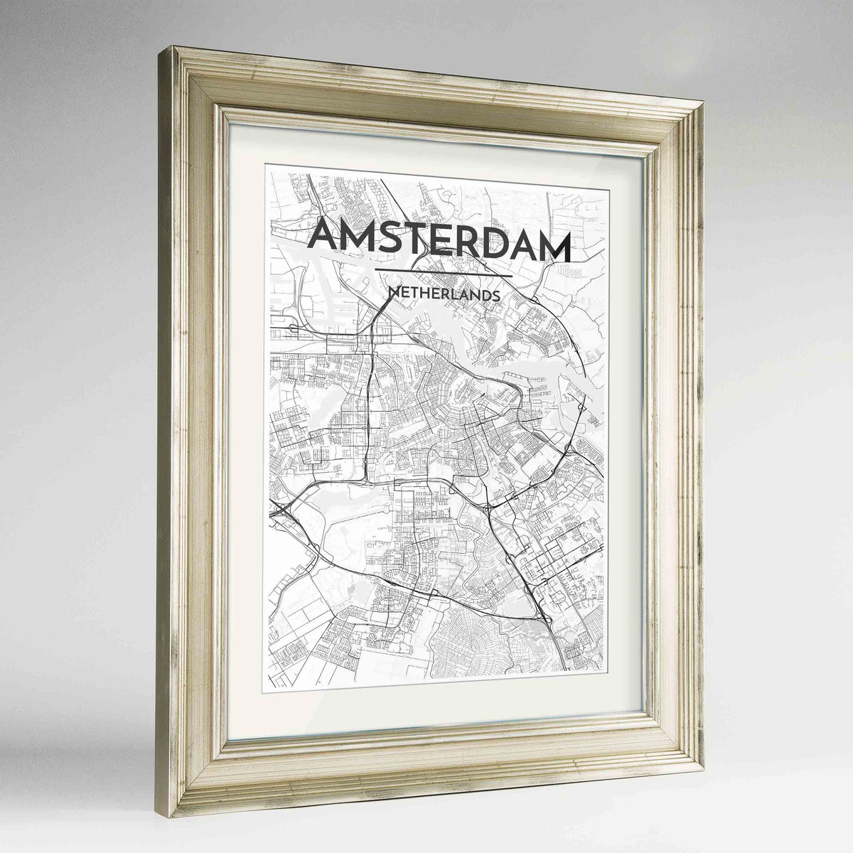 Framed Amsterdam Map Art Print 24x36&quot; Champagne frame Point Two Design Group