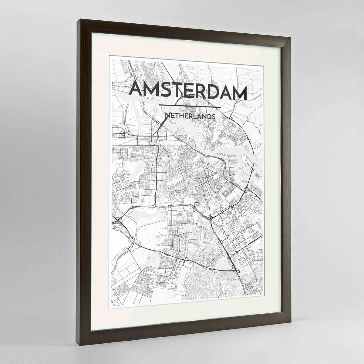 Framed Amsterdam Map Art Print 24x36&quot; Contemporary Walnut frame Point Two Design Group