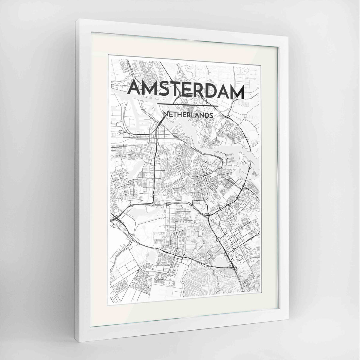 Framed Amsterdam Map Art Print 24x36&quot; Contemporary White frame Point Two Design Group