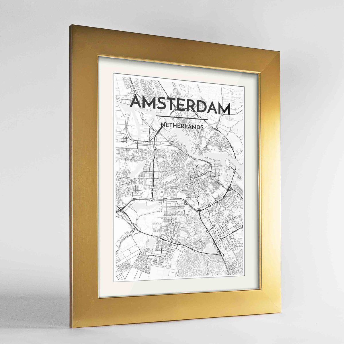 Framed Amsterdam Map Art Print 24x36&quot; Gold frame Point Two Design Group