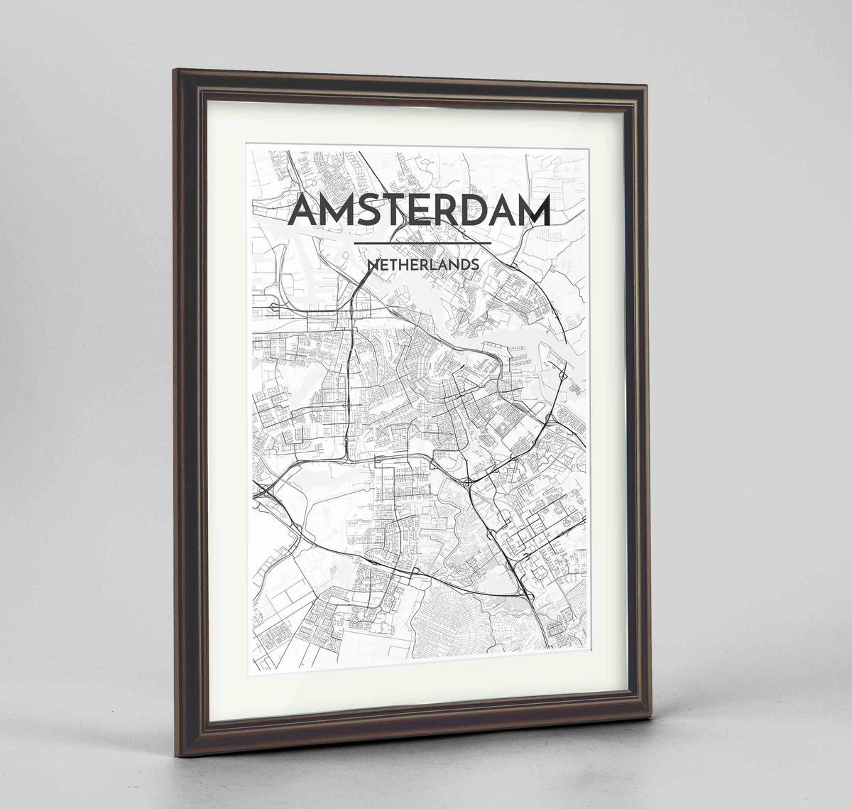 Framed Amsterdam Map Art Print 24x36&quot; Traditional Walnut frame Point Two Design Group
