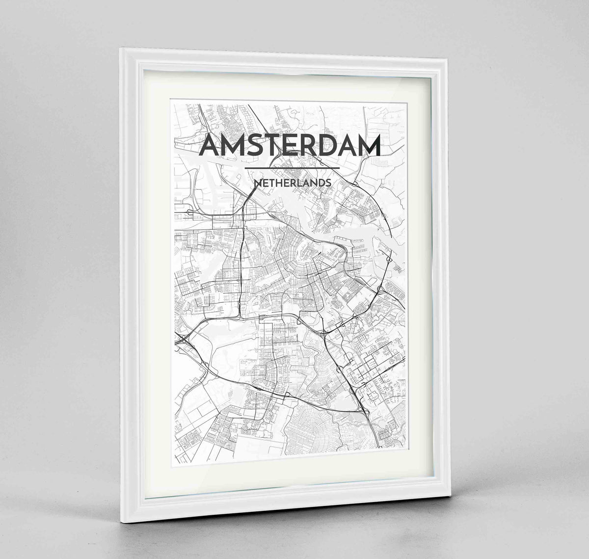 Framed Amsterdam Map Art Print 24x36&quot; Traditional White frame Point Two Design Group