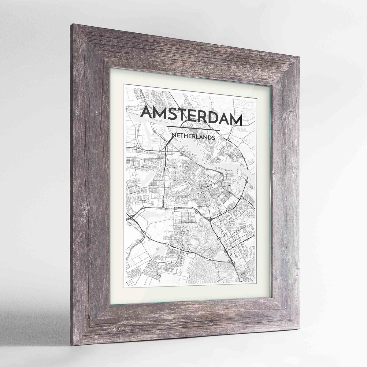 Framed Amsterdam Map Art Print 24x36&quot; Western Grey frame Point Two Design Group