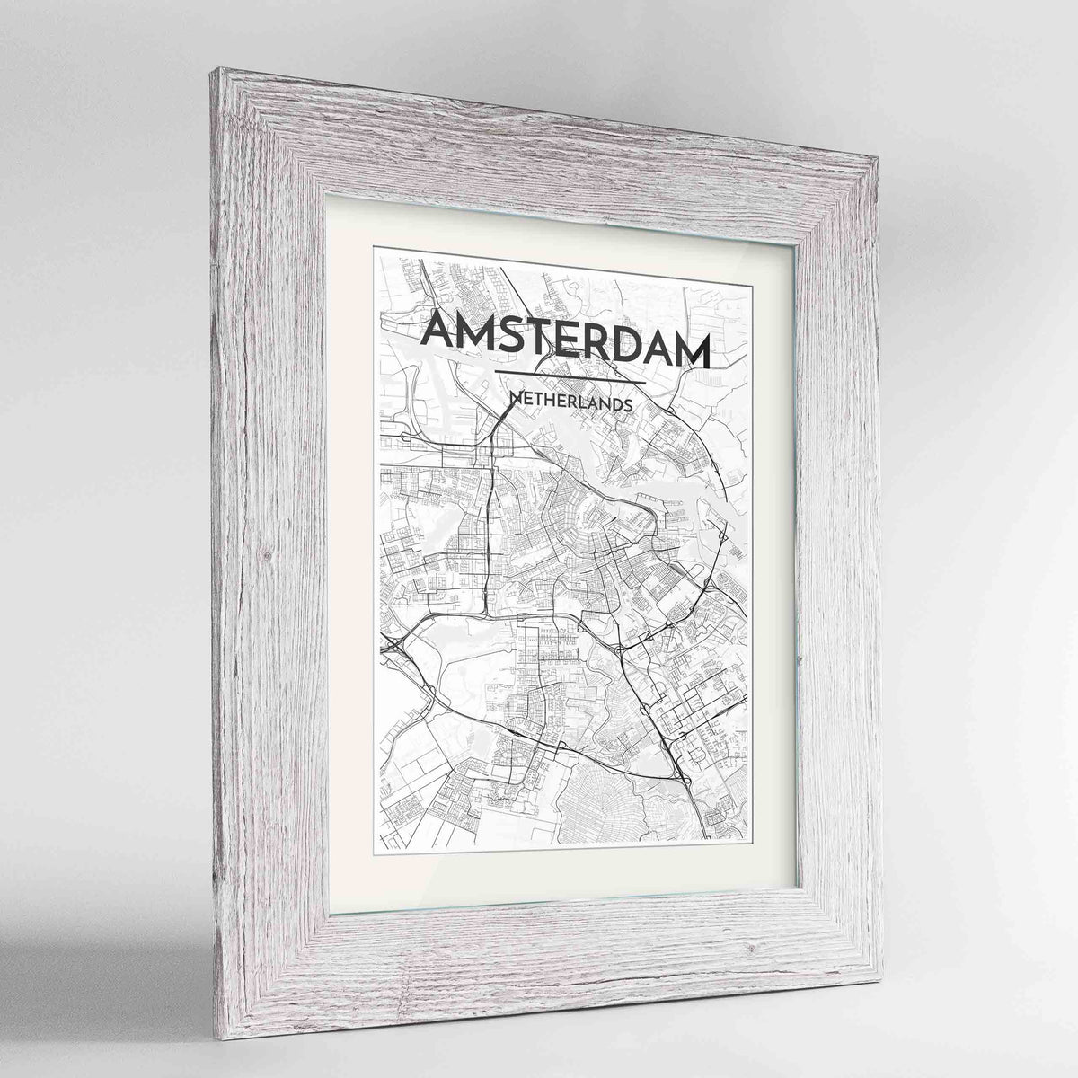 Framed Amsterdam Map Art Print 24x36&quot; Western White frame Point Two Design Group
