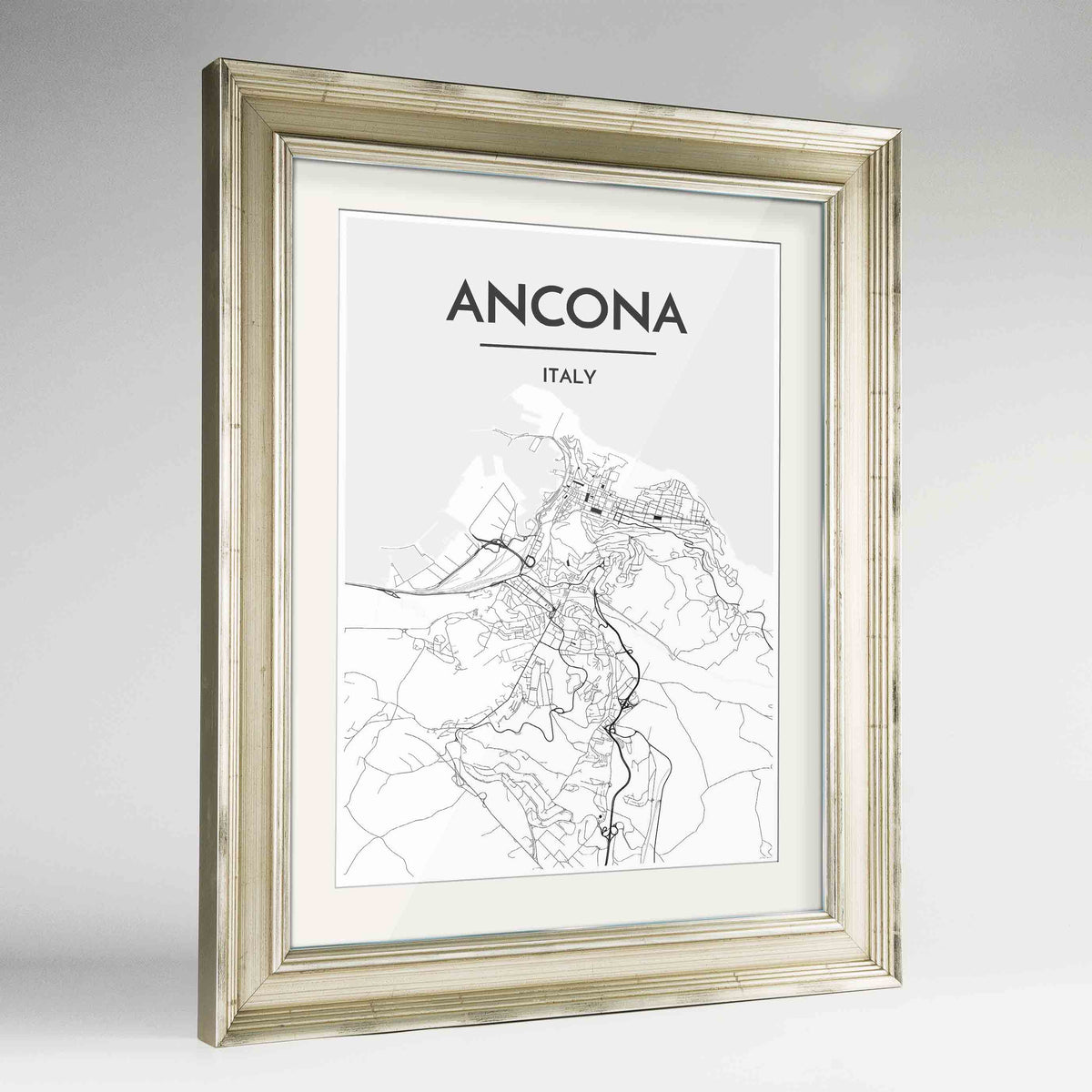 Framed Ancona Map Art Print 24x36&quot; Champagne frame Point Two Design Group