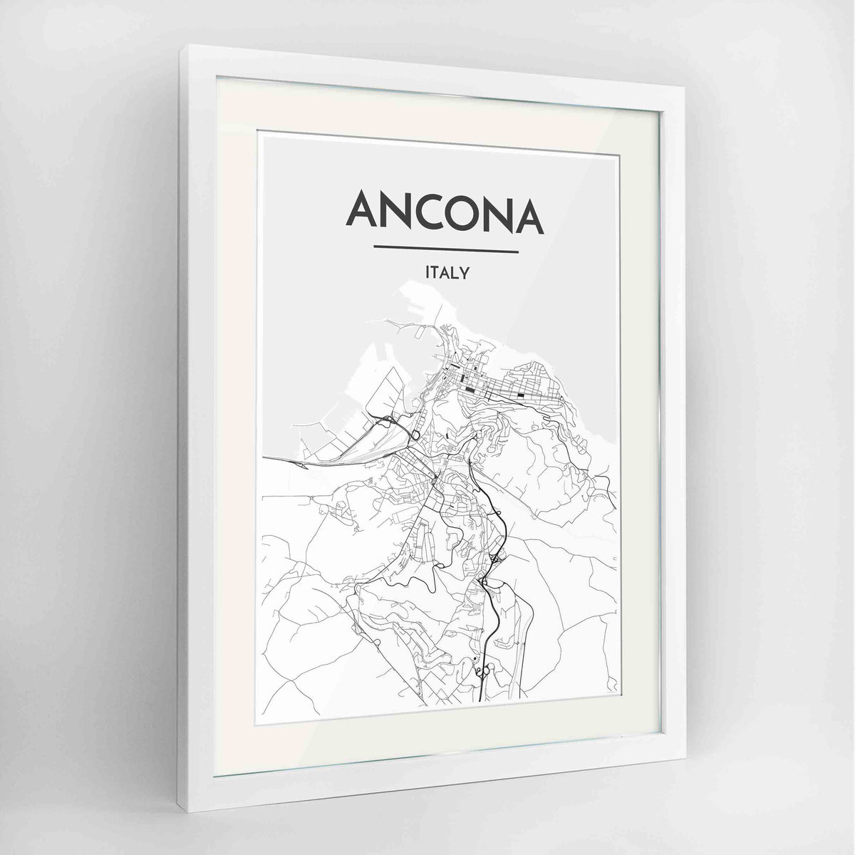 Framed Ancona Map Art Print 24x36&quot; Contemporary White frame Point Two Design Group