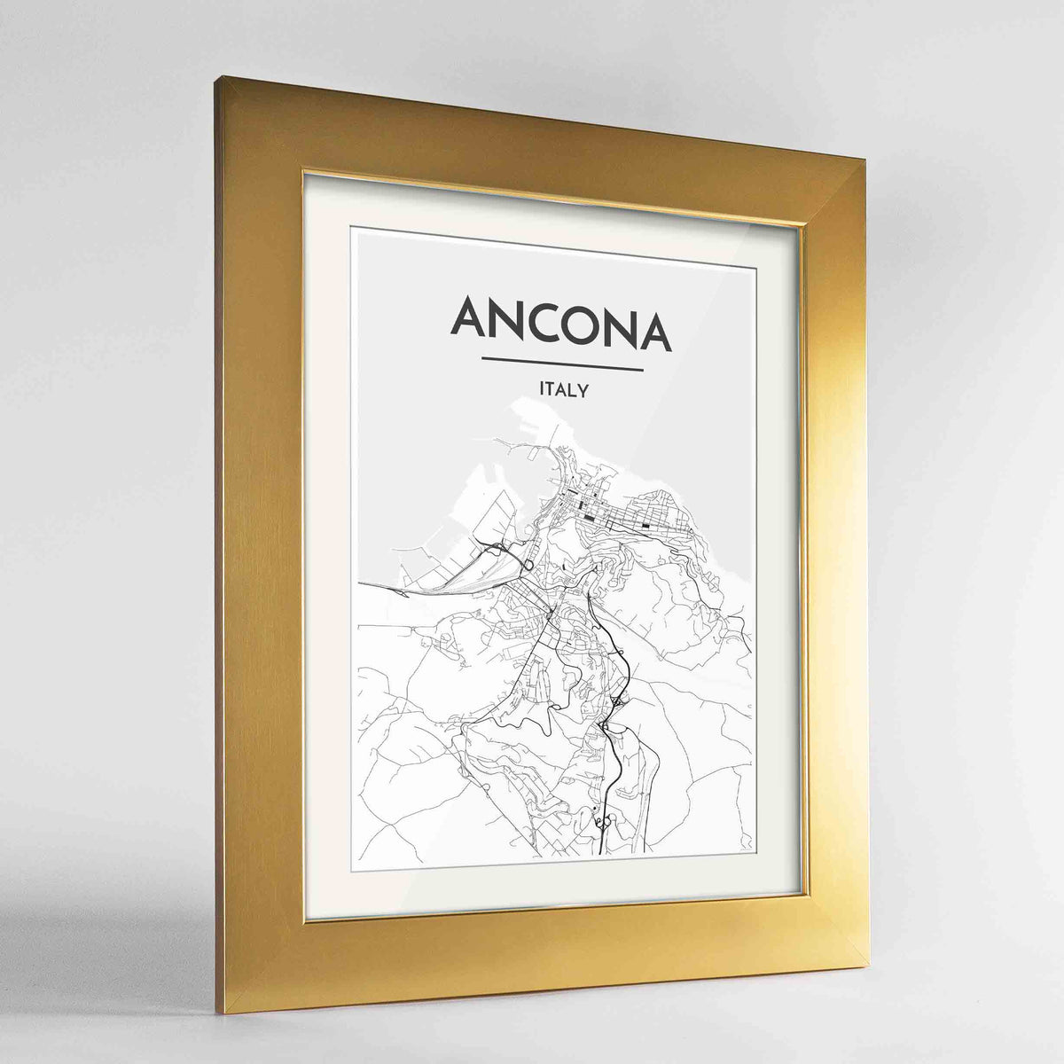 Framed Ancona Map Art Print 24x36&quot; Gold frame Point Two Design Group