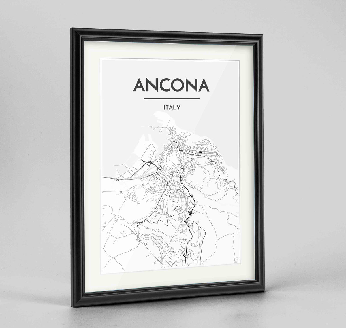 Framed Ancona Map Art Print 24x36&quot; Traditional Black frame Point Two Design Group