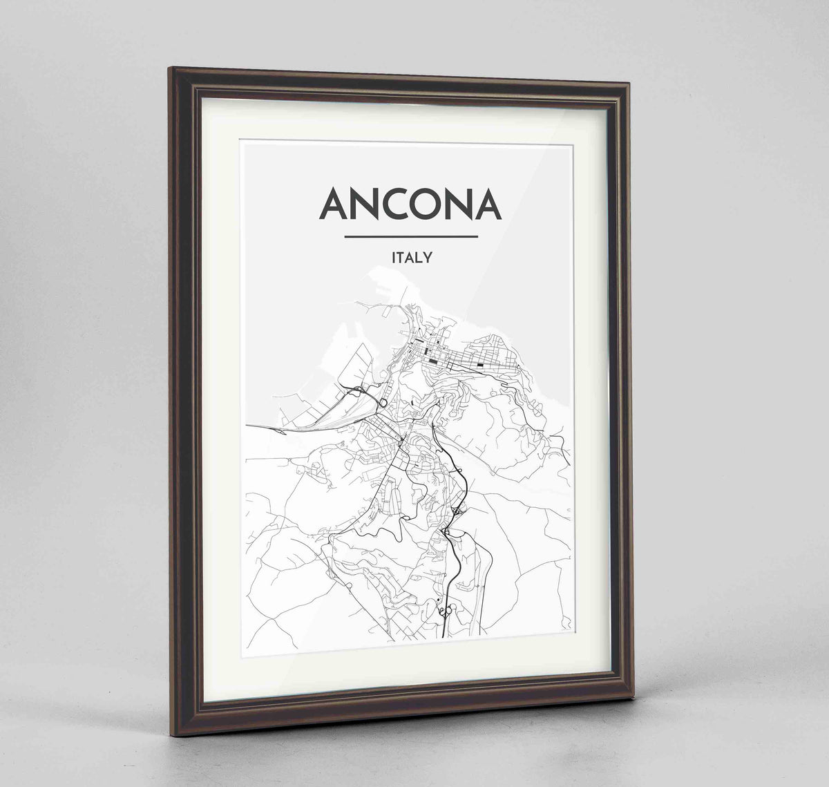Framed Ancona Map Art Print 24x36&quot; Traditional Walnut frame Point Two Design Group