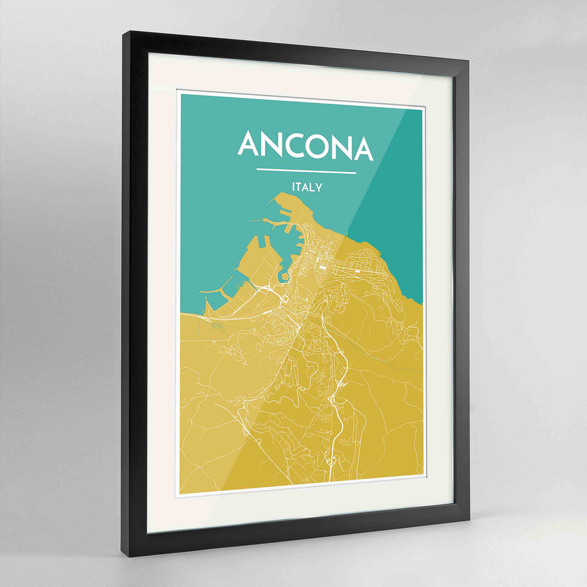 Framed Ancona Map Art Print 24x36&quot; Contemporary Black frame Point Two Design Group