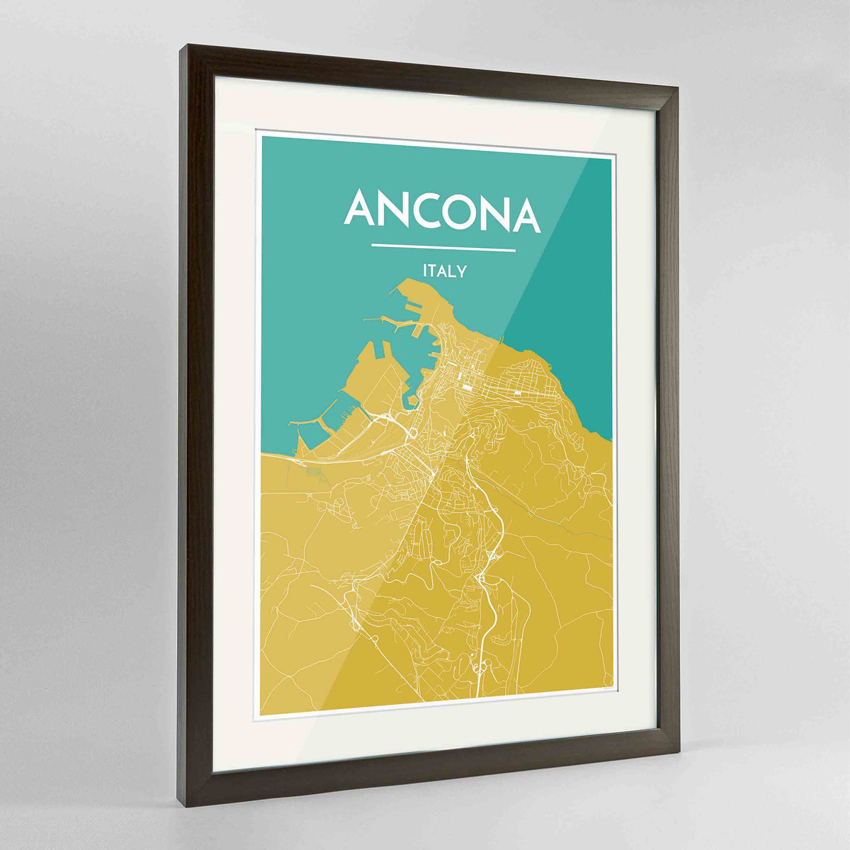 Framed Ancona Map Art Print 24x36&quot; Contemporary Walnut frame Point Two Design Group