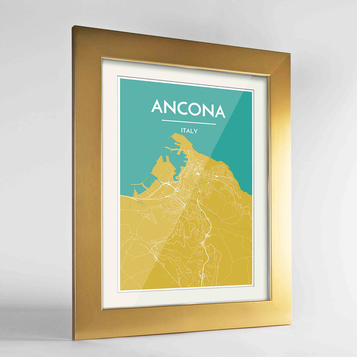Framed Ancona Map Art Print 24x36&quot; Gold frame Point Two Design Group