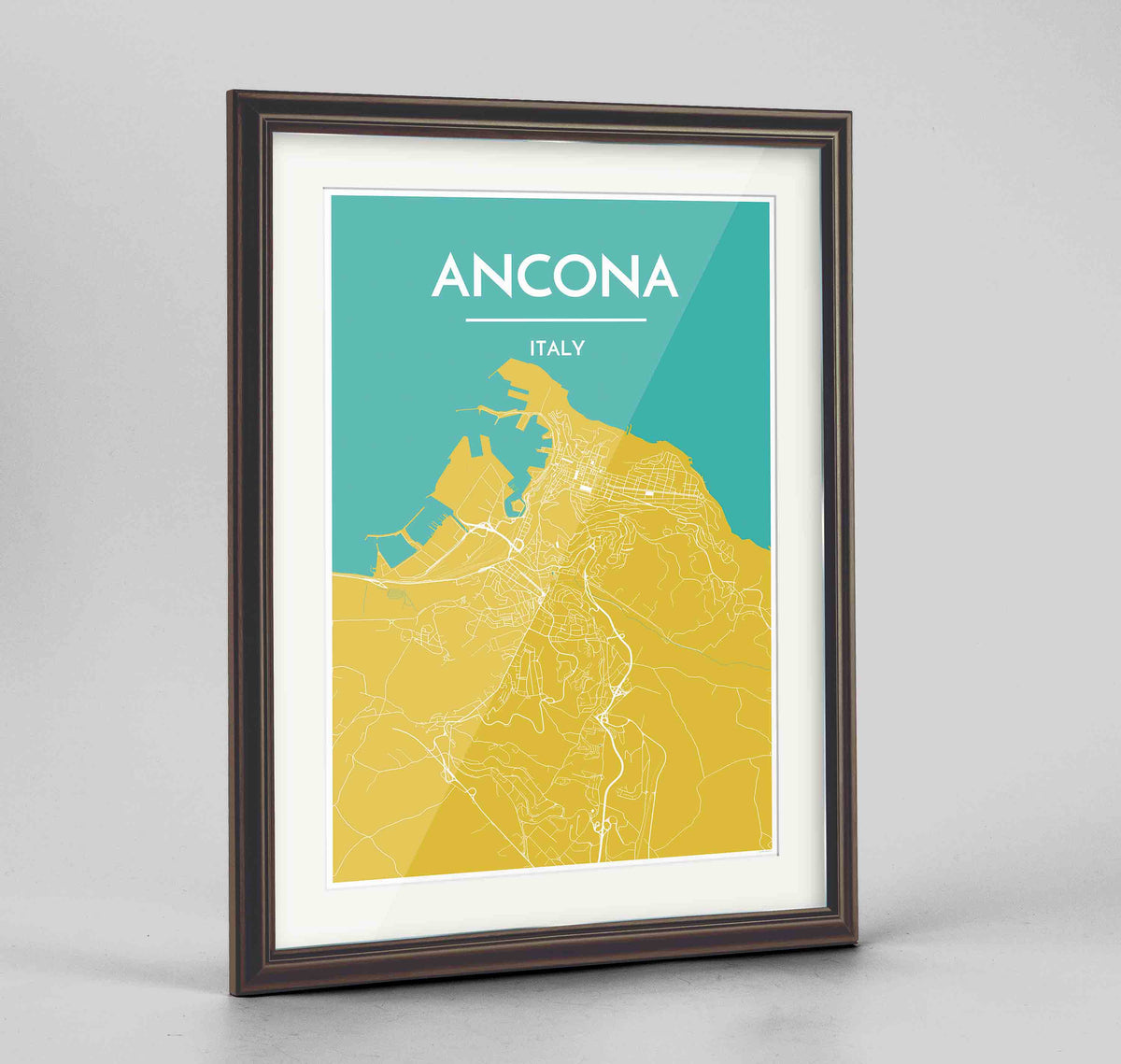 Framed Ancona Map Art Print 24x36&quot; Traditional Walnut frame Point Two Design Group