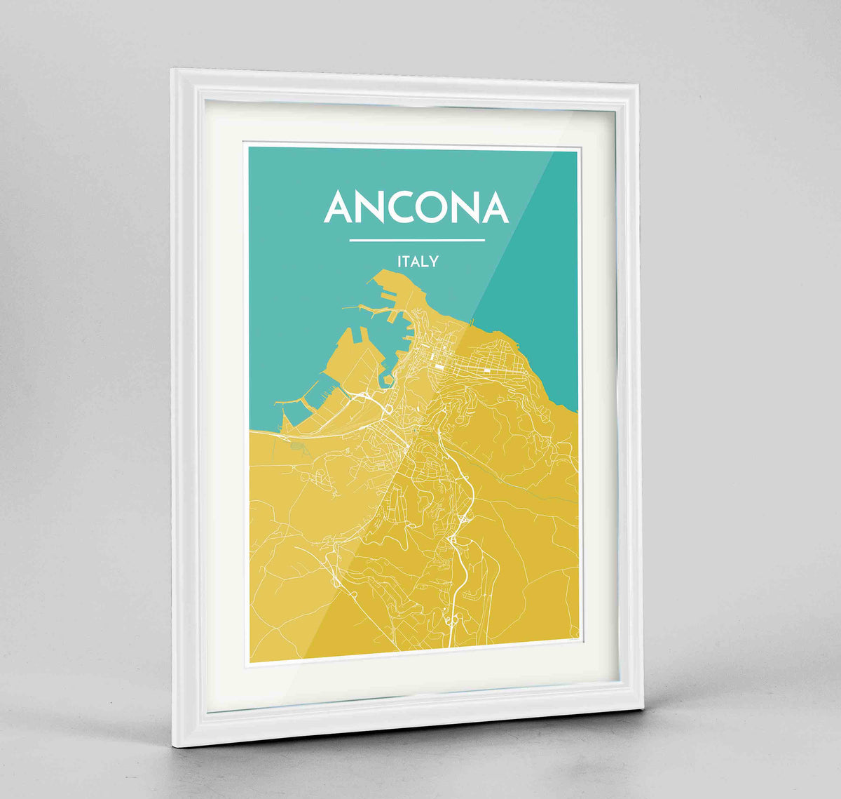 Framed Ancona Map Art Print 24x36&quot; Traditional White frame Point Two Design Group