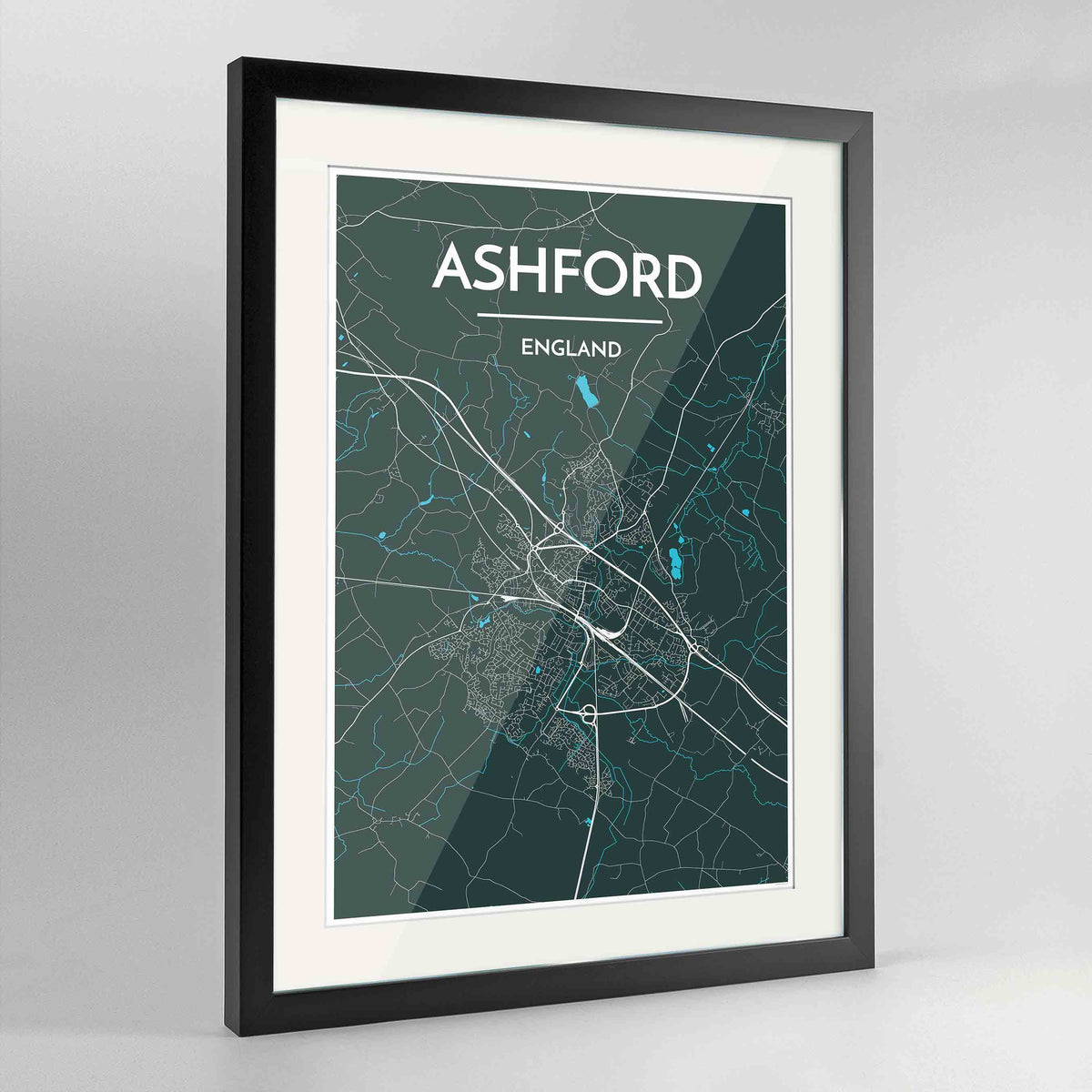 Framed Ashford Map Art Print 24x36&quot; Contemporary Black frame Point Two Design Group